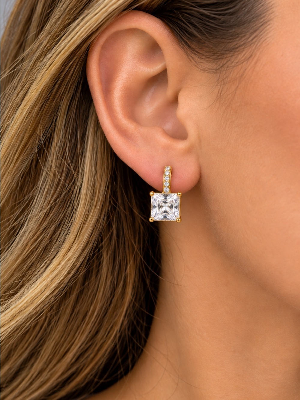 14k Plated Gold CZ Square Drop Earrings with Pave Bale NEW